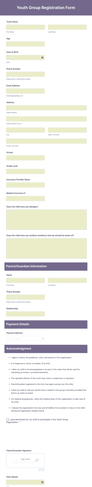 Youth Group Registration Form Template