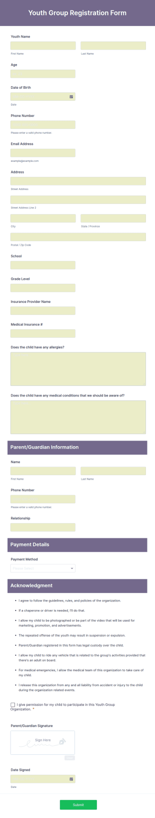 Youth Group Registration Form Template