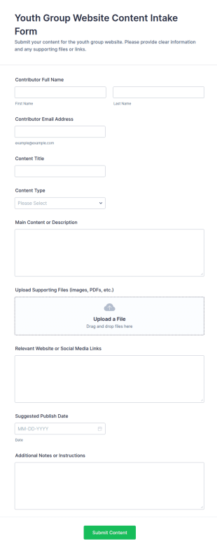 Youth Group Website Content Intake Form Template