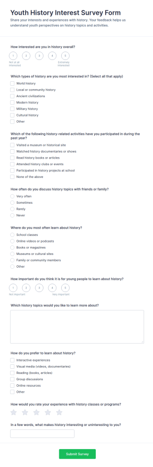 Youth History Interest Survey Form Template