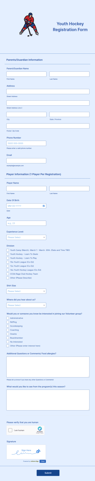 Youth Hockey Registration Form Template