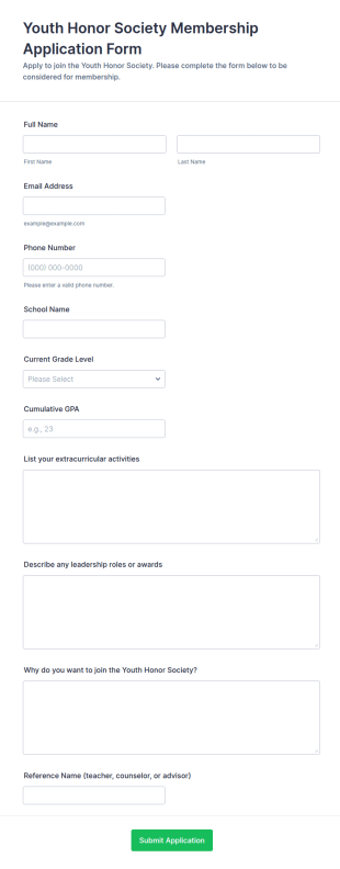 Youth Honor Society Membership Application Form Template