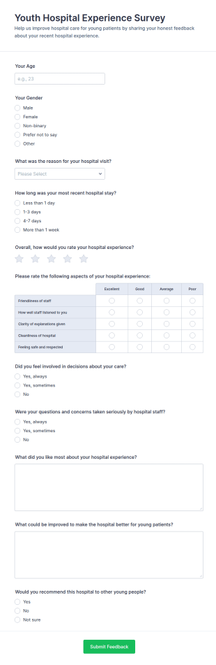 Youth Hospital Experience Survey Form Template
