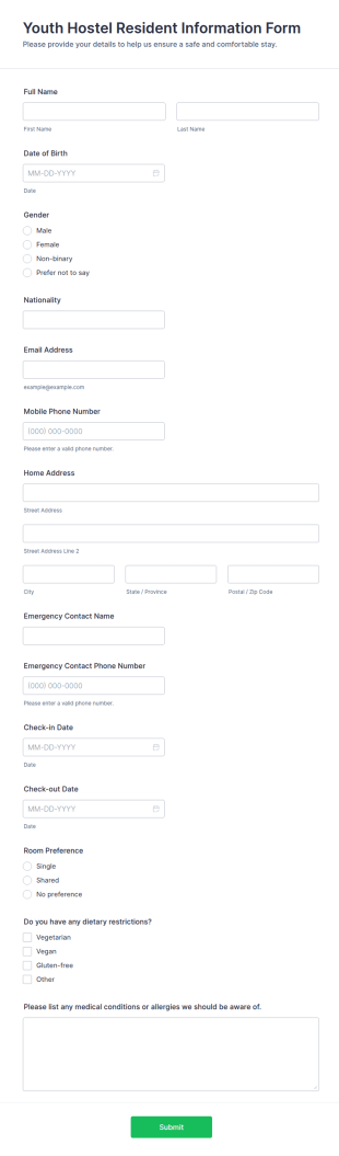 Youth Hostel Resident Information Form Template
