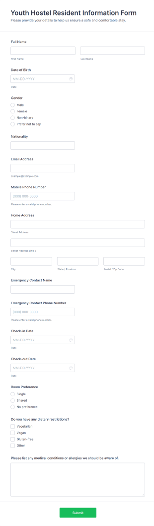 Youth Hostel Resident Information Form Template