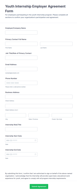 Youth Internship Employer Agreement Form Template