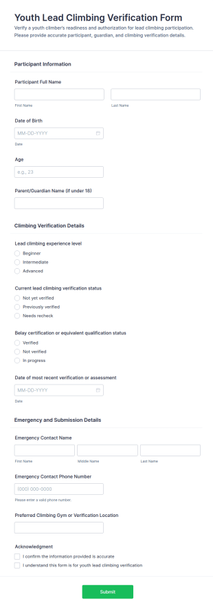 Youth Lead Climbing Verification Form Template