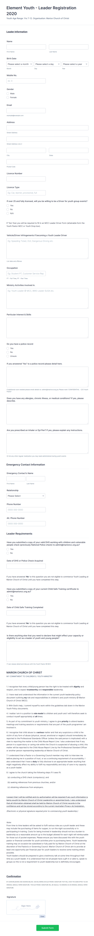 Youth Leader Registration Form Template