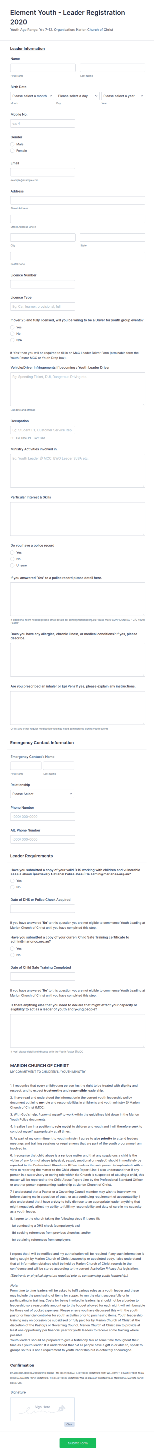 Youth Leader Registration Form Template