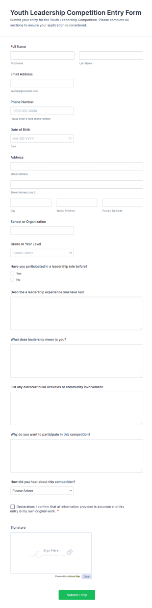 Youth Leadership Competition Entry Form Template