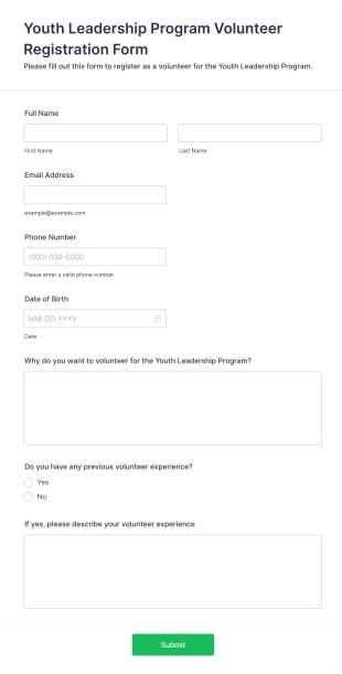 Youth Leadership Program Volunteer Registration Form Template