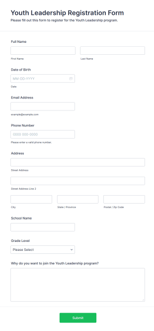 Youth Leadership Registration Form Template