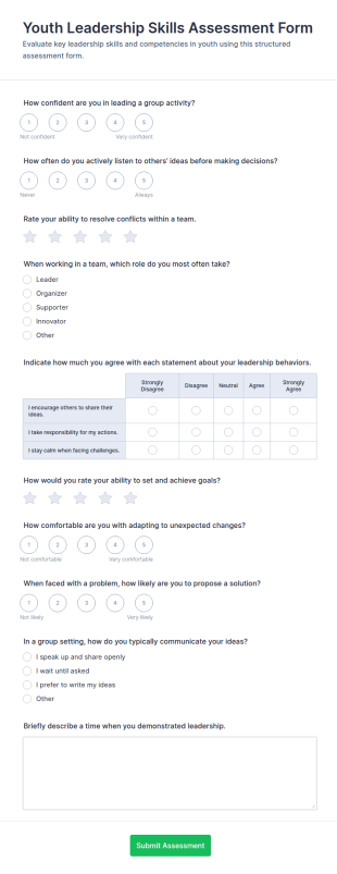 Youth Leadership Skills Assessment Questionnaire Form Template