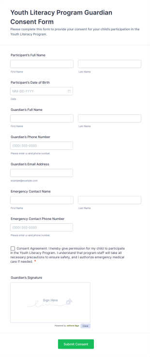 Youth Literacy Program Guardian Consent Form Template