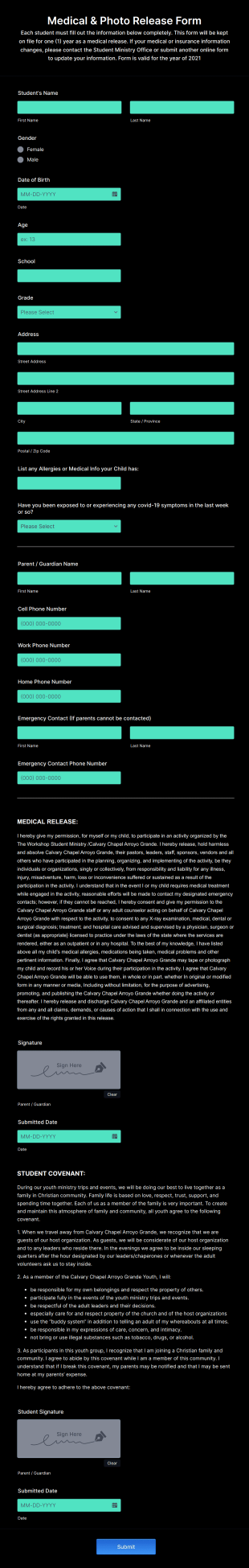 Student Ministry Medical And Photo Release Form Template