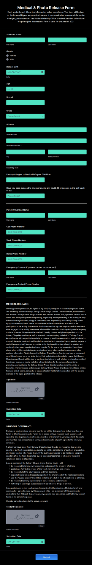 Student Ministry Medical And Photo Release Form Template