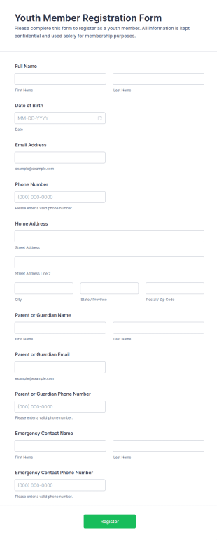 Youth Member Registration Form Template