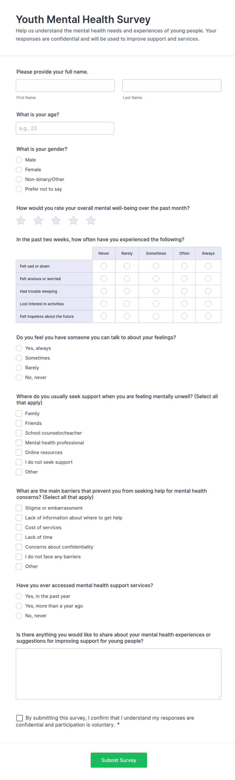 Youth Mental Health Survey Form Template | Jotform