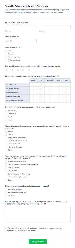 Youth Mental Health Survey Form Template