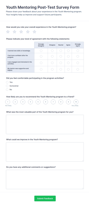 Youth Mentoring Post Test Survey Form Template