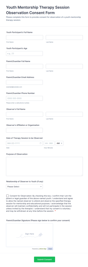 Youth Mentorship Therapy Session Observation Consent Form Template