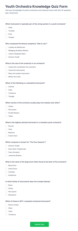 Youth Orchestra Knowledge Quiz Form Template