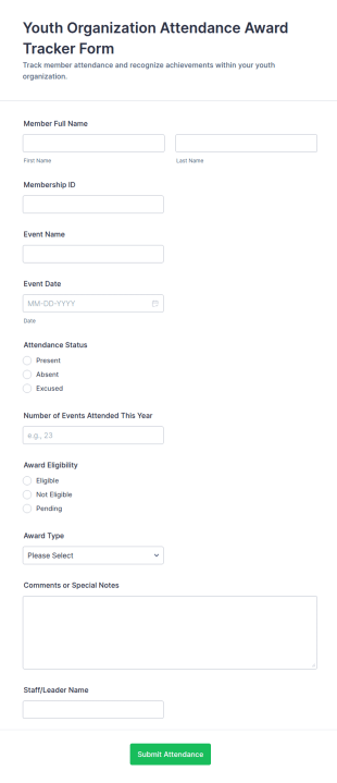 Youth Organization Attendance Award Tracker Form Template