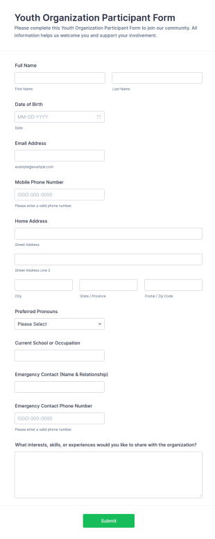 Youth Organization Participant Form Template