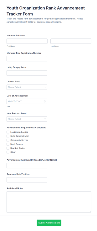 Youth Organization Rank Advancement Tracker Form Template