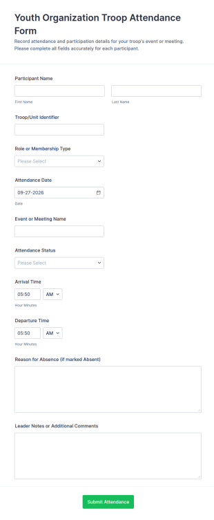 Youth Organization Troop Attendance Form Template