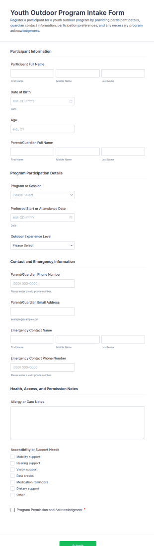 Youth Outdoor Program Intake Form Template