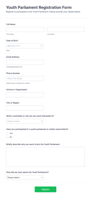 Youth Parliament Registration Form Template