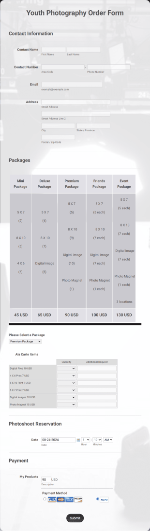 Youth Photography Order Form Template