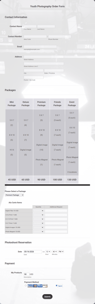 Youth Photography Order Form Template