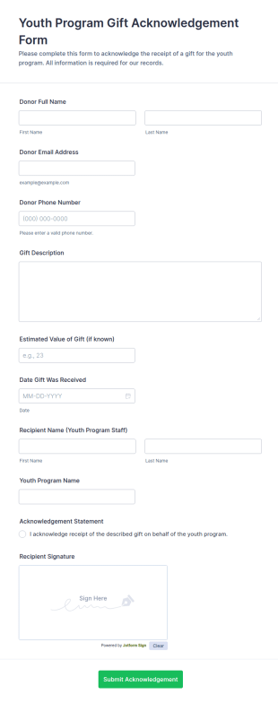 Youth Program Gift Acknowledgement Form Template