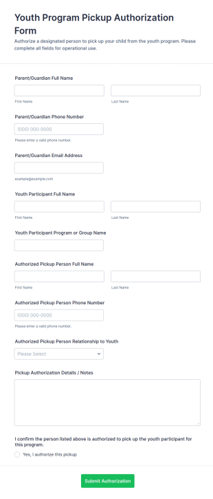 Youth Program Pickup Authorization Form Template