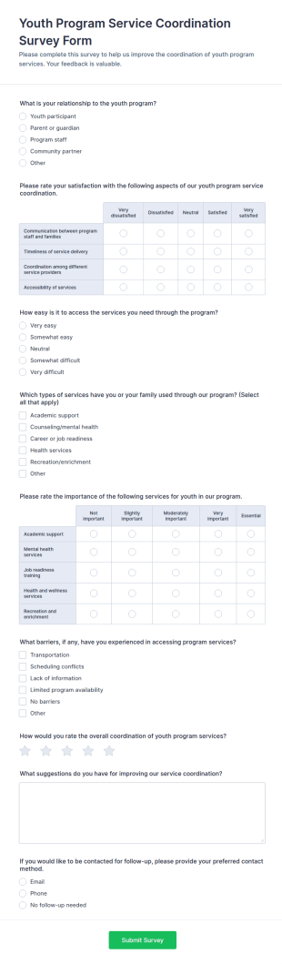 Youth Program Service Coordination Survey Form Template
