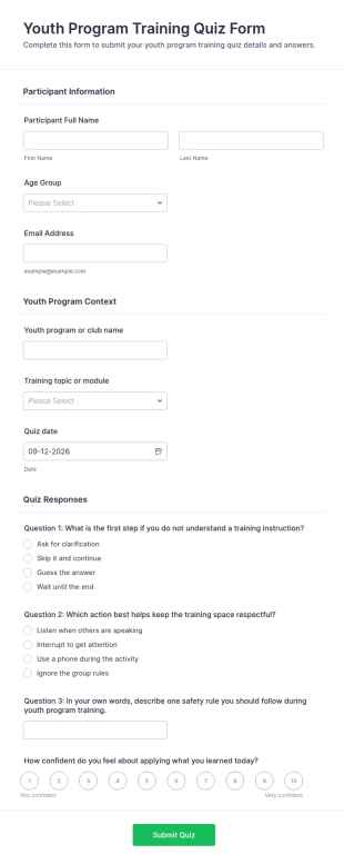Youth Program Training Quiz Form Template