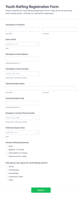 Youth Rafting Registration Form Template