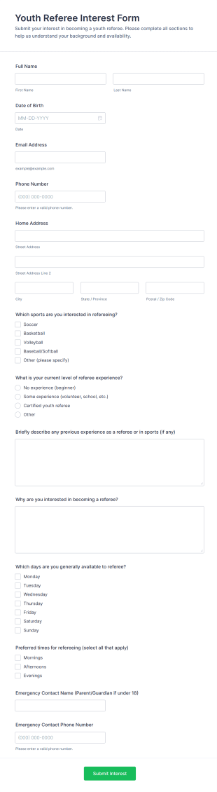 Youth Referee Interest Form Template