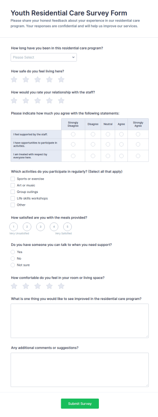 Youth Residential Care Survey Form Template