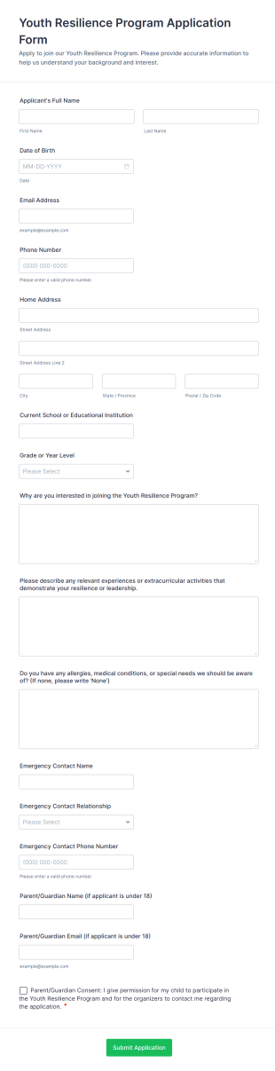 Youth Resilience Program Application Form Form Template