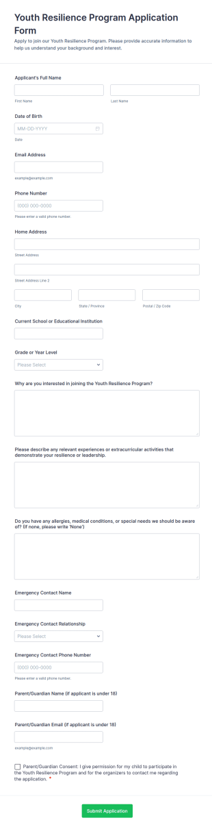 Youth Resilience Program Application Form Template