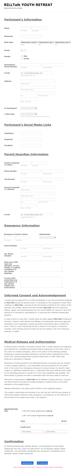 Youth Retreat Registration Form Template