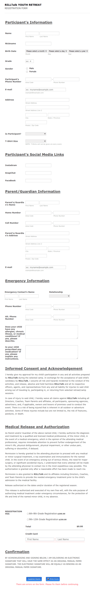 Youth Retreat Registration Form Template