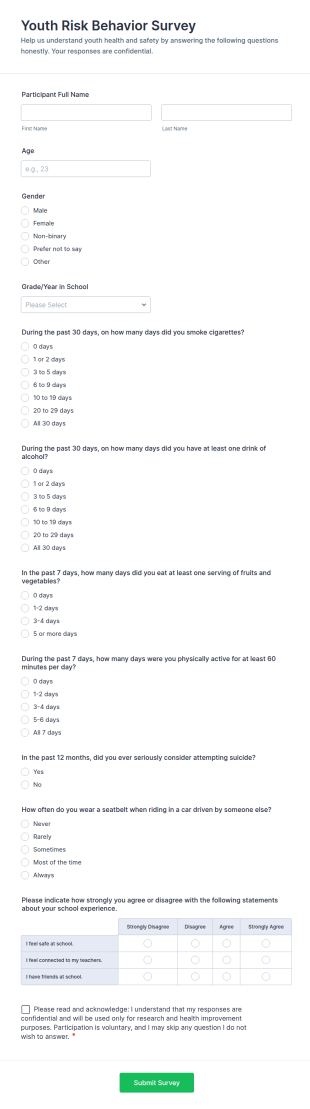 Youth Risk Behavior Survey Form Template