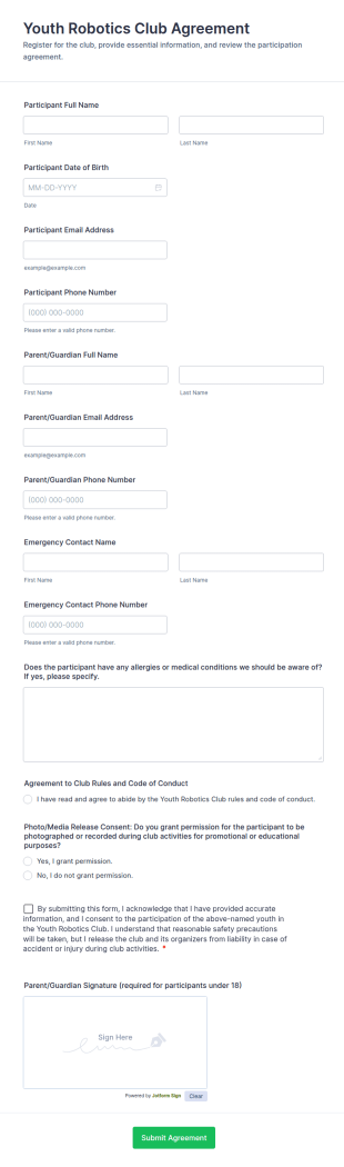 Youth Robotics Club Agreement Form Template