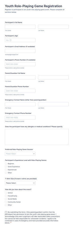 Youth Role Playing Game Registration Form Template
