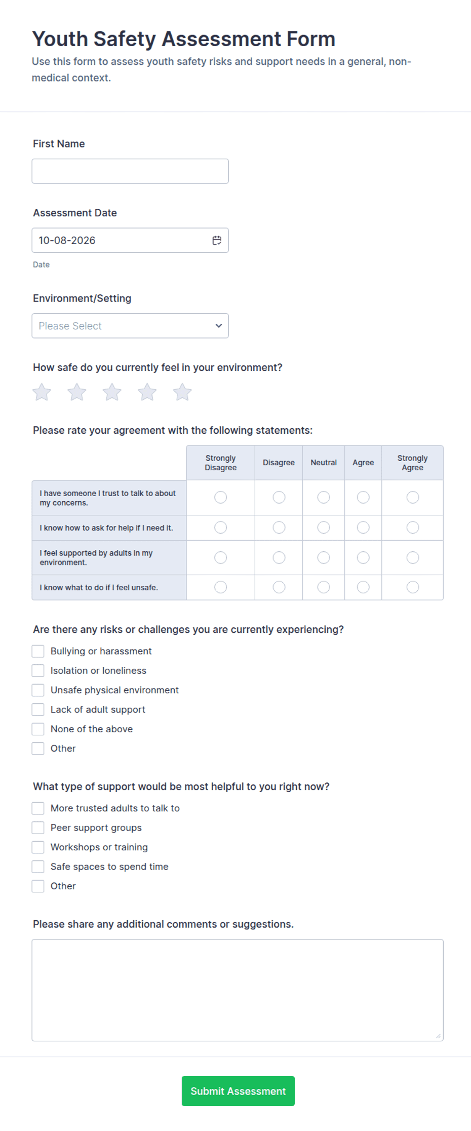 Youth Safety Assessment Form Template | Jotform