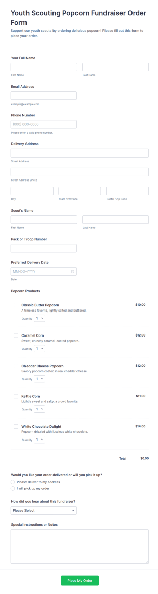 Youth Scouting Popcorn Fundraiser Order Form Template